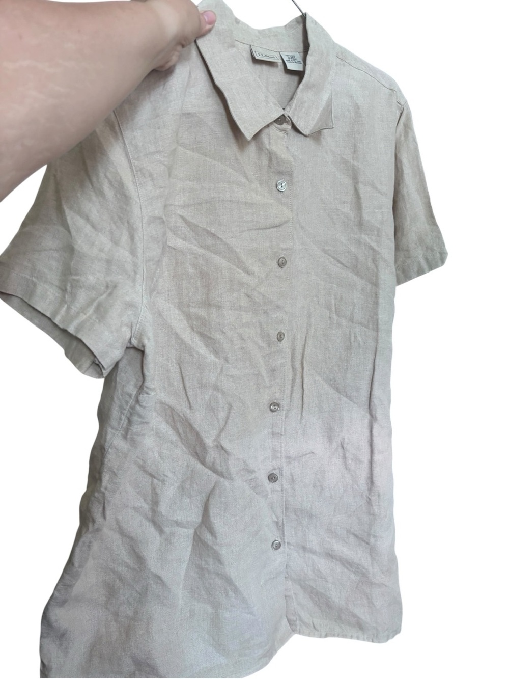 Vintage L.L. Bean 100% Linen Short Sleeve Button-Down Shirt Tan Size L-REG